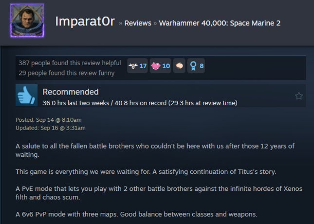 Screenshot of the article titled Warhammer 40,000: Space Marine 2, As Reported by Steam Reviews